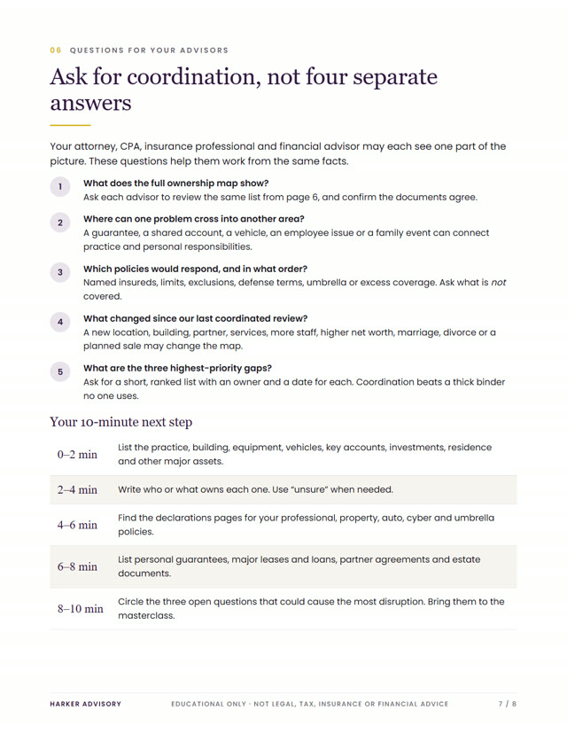 Page from the Exposure Check: questions to ask your advisors