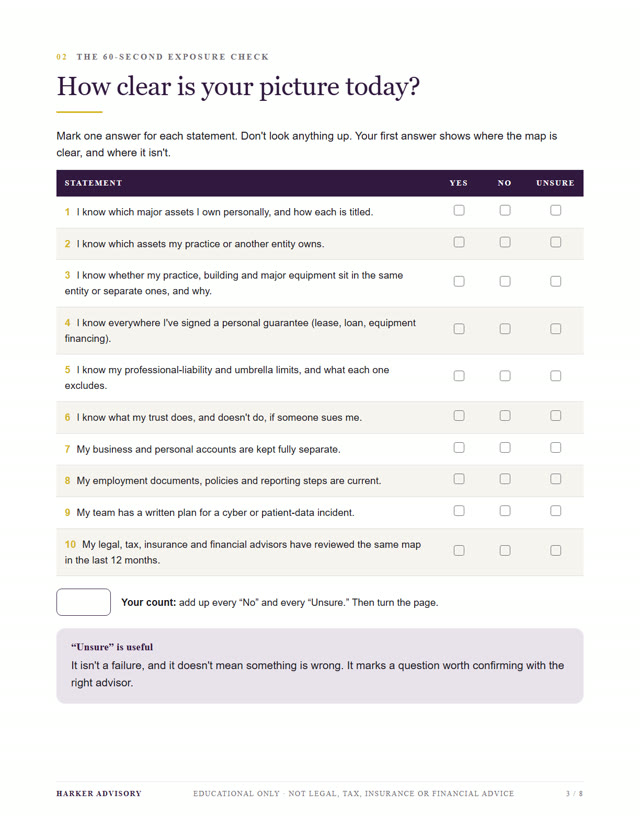 Page from the Exposure Check: ten yes, no or unsure questions